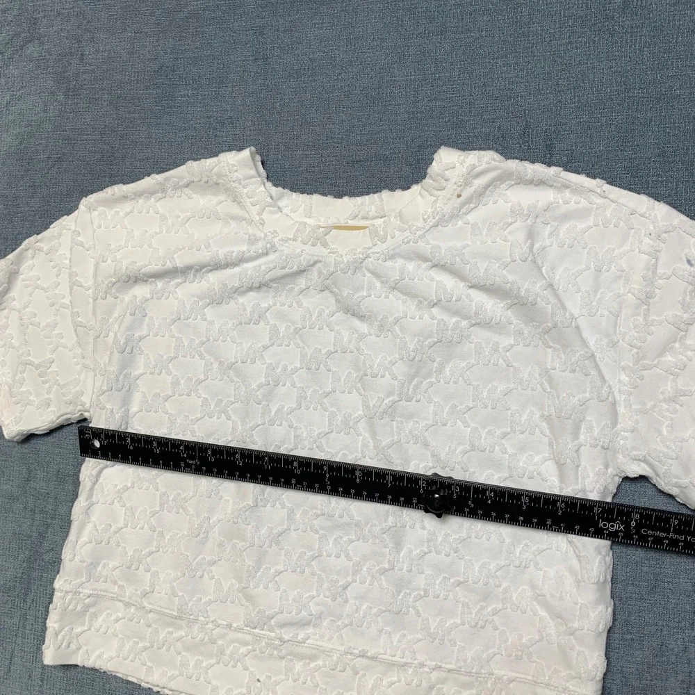 Michael Kors Cropped Top Womens XS White All Over Textured MK Logo Everyday Wear